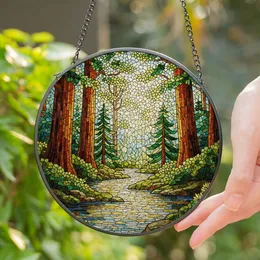 Winding Forest Stream Redwood Trees - Sun-Dappled Ancient Forest Tiffany Glass Style Art Stained Glass Suncatcher