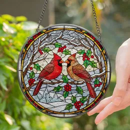 Male Female Cardinal Winter Stained Glass Art - Tiffany Style Snow Landscape Gift Stained Glass Suncatcher
