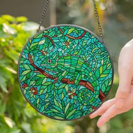 High Contrast Stained Glass Chameleon on Branch - Intricate Tiffany Style Jewel Tone Art Stained Glass Suncatcher