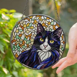Curious Tuxedo Cat Stained Glass Mosaic - Bright Yellow Eyes, Pink Nose, Tiffany Style Stained Glass Suncatcher
