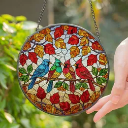 Vibrant Tiffany Stained Glass Songbirds Cardinal Autumn Leaves Berries Mosaic Art Stained Glass Suncatcher