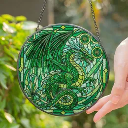 Majestic Dragon Stained Glass Art Tiffany Emerald Green Teal Watchful Gaze Mosaic Stained Glass Suncatcher
