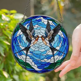 Two Barn Swallows Embrace Stained Glass Mosaic Artwork - Tiffany Jewel Tones Sky & Foliage Stained Glass Suncatcher