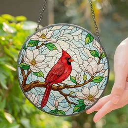 Red Cardinal Bird Stained Glass Suncatcher - Tiffany Art with Magnolia Blossoms & Buds