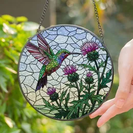 Hummingbird Thistle Flower Stained Glass Art - Tiffany Style Translucent Window Decor Stained Glass Suncatcher