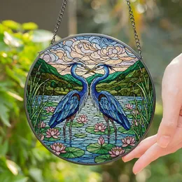 Blue Herons Kissing Water Lilies Tiffany Stained Glass Mountain Landscape Art Stained Glass Suncatcher