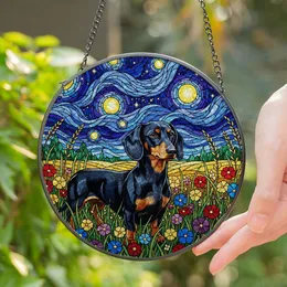 Black Tan Dachshund Dog Stained Glass Wildflowers Night Sky - Van Gogh Inspired Scene Stained Glass Suncatcher