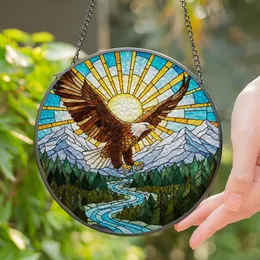 Majestic Bald Eagle Soaring Mountains Forest River Glowing Sun Stained Glass Art Stained Glass Suncatcher