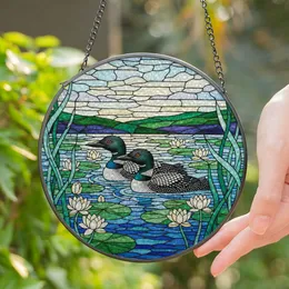 Loon & Juvenile Stained Glass Art with Water Lilies - Tiffany Style Mosaic Aquatic Scene Stained Glass Suncatcher