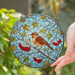 Intricate Stained Glass Bird Red Berries Snow Branch Winter Sky Mosaic Tiffany Style Stained Glass Suncatcher