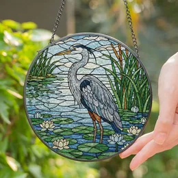 Great Blue Heron Stained Glass Wetland Mosaic - Water Lily Aquatic Jewel Tone Art Stained Glass Suncatcher