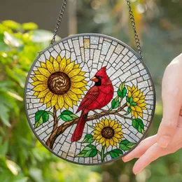 Red Cardinal Sunflower Stained Glass - Tiffany Style Mosaic Window Panel Art Home Decor Gift Stained Glass Suncatcher