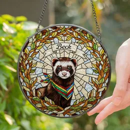 Ferret Stained Glass 'Beck' Name Art with Striped Bandana - Tiffany Style Leaf Wreath Stained Glass Suncatcher