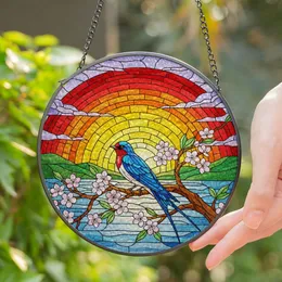 Blue Swallow Stained Glass Sunset Mosaic Art - Waters, Pink Blossoms, Green Hills & Branch Stained Glass Suncatcher