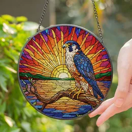 Peregrine Falcon Tiffany Stained Glass Sunset Mosaic Radiant Jewel Tones Gnarled Branch Waterscape Stained Glass Suncatcher
