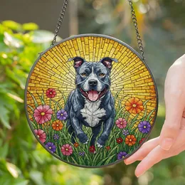 Dark Blue Pitbull Dog Stained Glass Wildflowers Sunburst Mosaic - Animal Lover Gift Stained Glass Suncatcher