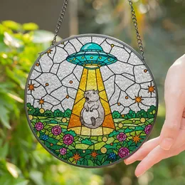 Tiffany Glass UFO Capybara Abduction Art - Flying Saucer Tractor Beam Alien Space Design Stained Glass Suncatcher