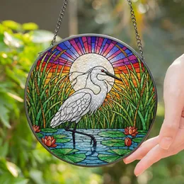 Tiffany Style White Egret Stained Glass, Water Lily Sunset Moon Marsh Art Gift Stained Glass Suncatcher