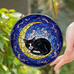 Sleeping Tuxedo Cat Crescent Moon Stained Glass Art - Tiffany Style Starry Night Cat Lover Gift Stained Glass Suncatcher