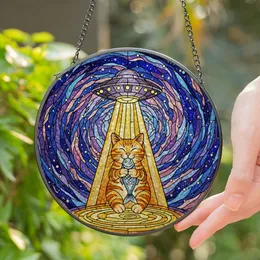 Tabby Cat UFO Tractor Beam Cosmic Galaxy Tiffany Stained Glass - Space Art Gift Stained Glass Suncatcher
