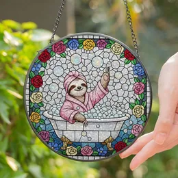 Sloth Spa Bath Bubbles Stained Glass Floral Mosaic Window Decor Gift for Her Stained Glass Suncatcher