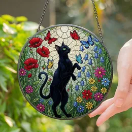 Black Cat Green Eyes Butterflies Poppies Tiffany Stained Glass Meadow Scene Decor Stained Glass Suncatcher