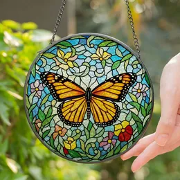 Monarch Butterfly Stained Glass Art - High Contrast Tiffany Foliage & Blue Sky Mosaic Stained Glass Suncatcher