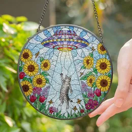 Grey Tabby Cat UFO Abduction Stained Glass Sunflower Garden Pink Blossoms Red Tulips Stained Glass Suncatcher