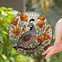 California Quail Poppy Flowers Stained Glass Art - Tiffany Style Mosaic Garden Decor Gift Stained Glass Suncatcher