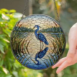 Blue Heron Stained Glass Art - Lake Pond Marsh Reeds Water Reflection Jewel Tones Stained Glass Suncatcher