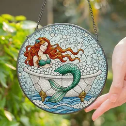 Mermaid Clawfoot Bathtub Stained Glass Art - Glowing Teal Orange Tiffany Aquatic Decor Stained Glass Suncatcher
