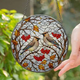 Bohemian Waxwing Birds Stained Glass Winter Branches Red Berries - Holiday Home Decor Gift Stained Glass Suncatcher
