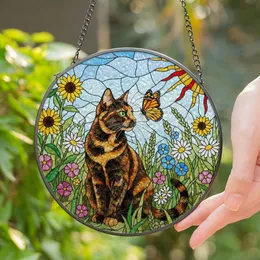 Tortoiseshell Cat Monarch Butterfly Wildflower Garden Stained Glass Green Eyes Stained Glass Suncatcher