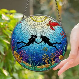 Scuba Diver Couple Sea Turtle Coral Tiffany Stained Glass Ocean Art Underwater Mosaic Sun Rays Stained Glass Suncatcher