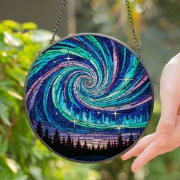 Aurora Borealis Pine Forest Stained Glass - Celestial Night Sky Starry Art Decor Stained Glass Suncatcher