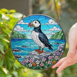 Atlantic Puffin Multi-Color Beak Stained Glass Coastal Wildflowers Seascape Art Stained Glass Suncatcher
