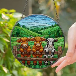 Baby Calves Peeking Stained Glass Art - Highland Calf & Rustic Fence Tiffany Hills Stained Glass Suncatcher