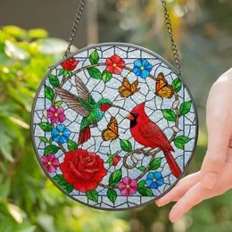 Hummingbird Cardinal Stained Glass Mosaic - Tiffany Floral Butterfly Art with Jewel Tones Stained Glass Suncatcher