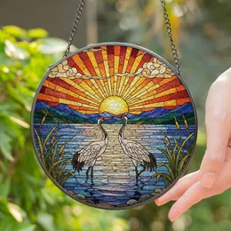 Elegant Cranes Stained Glass Sunset Tiffany Art - Jewel Tone Mountain Water Landscape Stained Glass Suncatcher