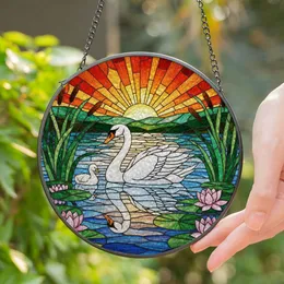 White Swan Cygnet Stained Glass Art - Tiffany Jewel Tones Sunset Lake Pond Scene Stained Glass Suncatcher