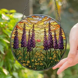 Purple Delphinium Flowers Sunset Mountain Scene - Intricate Tiffany Stained Glass Look Stained Glass Suncatcher