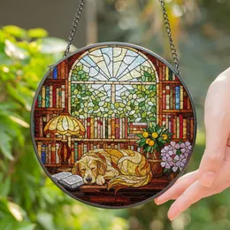 Golden Retriever Sleeping Dog in Cozy Library Bookshelf Lamp Stained Glass Style Stained Glass Suncatcher