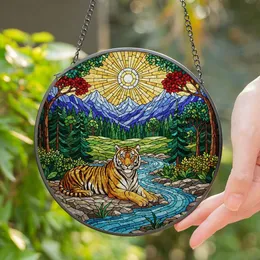 Majestic Tiger Stained Glass Art with Mountain River Forest Landscape & Radiant Sun Stained Glass Suncatcher