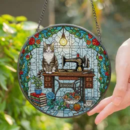 Tabby Cat Sewing Machine Books Flowers - Stained Glass Mosaic Window Decor Gift Stained Glass Suncatcher
