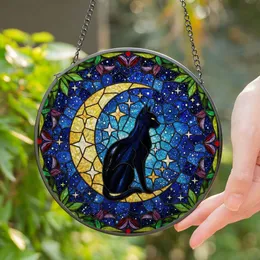 Black Cat Crescent Moon Stained Glass Art - Tiffany Style Cosmic Night Sky Floral Design Stained Glass Suncatcher