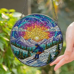 Skier Carving Snow Mountain Tiffany Style Stained Glass - Radiant Sunset Sunrise Gift Stained Glass Suncatcher