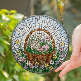 Easter Basket & Eggs with Spring Flowers Grass - Tiffany Style Sky Mosaic Art Stained Glass Suncatcher