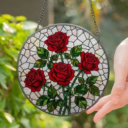 Red Roses Rose Leaves Tiffany Glass Mosaic - Ruby Emerald Jewel Tone Stained Glass Art Stained Glass Suncatcher
