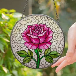 Fully Bloomed Pink Rose Stained Glass Mosaic Art - Tiffany Style Translucent Petals Stained Glass Suncatcher