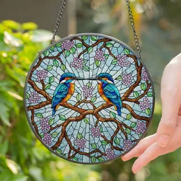Iridescent Kingfisher Stained Glass Art - Tiffany Style Lilac Magenta Floral Mosaic Stained Glass Suncatcher